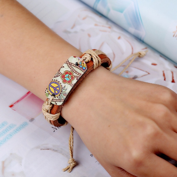 Boho Gypsy Peace Vintage Leather Bangle Bracelet - Picture 3 of 6